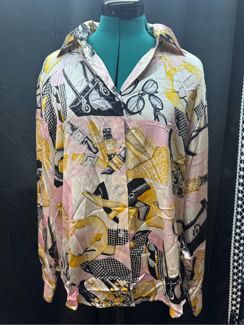 Printed Button-Up Blouse in Pink & Yellow